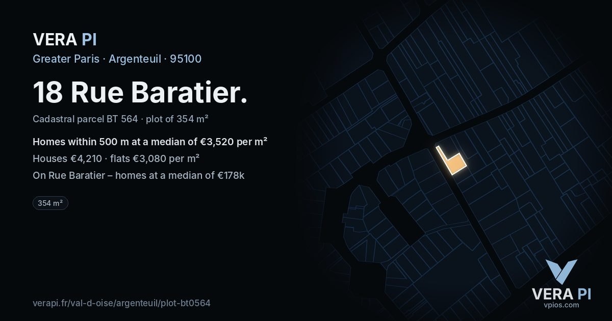 18 Rue Baratier, Argenteuil at night – the plot lit, the parcels around coloured by the prices near them
