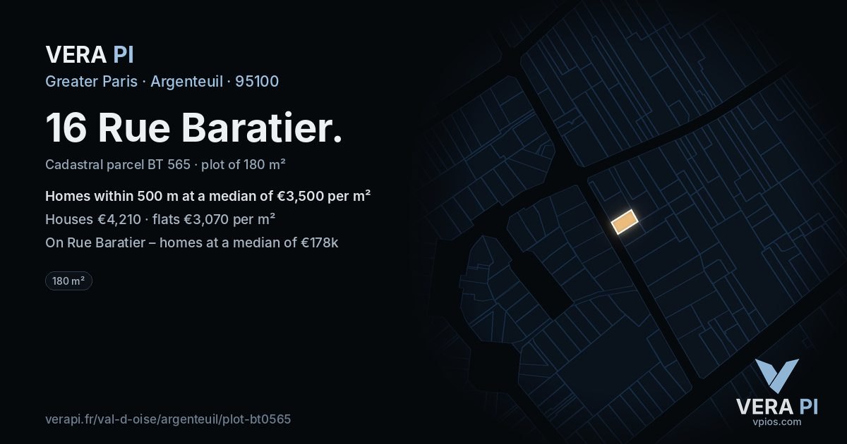 16 Rue Baratier, Argenteuil at night – the plot lit, the parcels around coloured by the prices near them