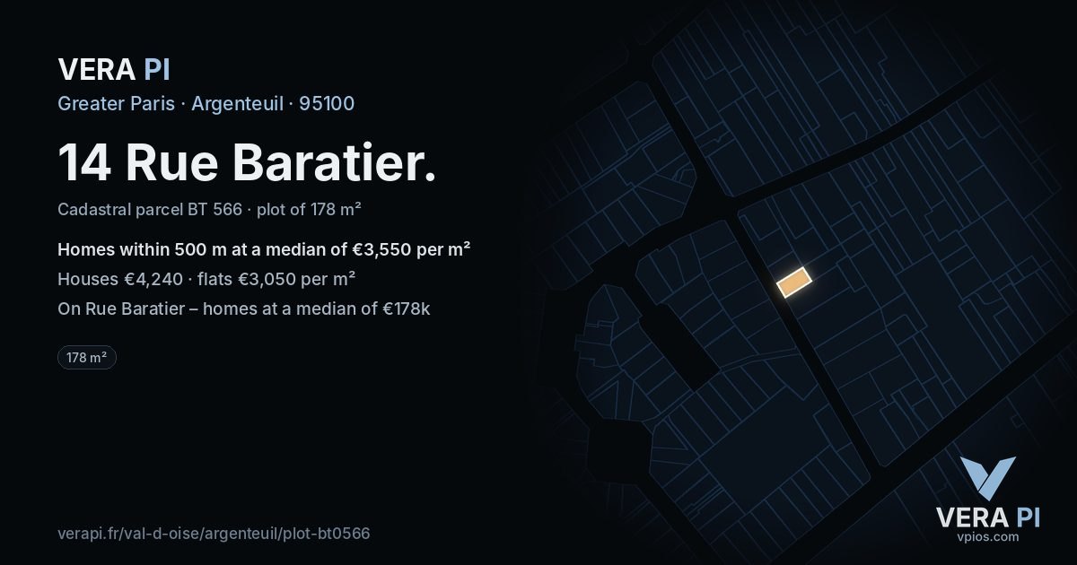 14 Rue Baratier, Argenteuil at night – the plot lit, the parcels around coloured by the prices near them