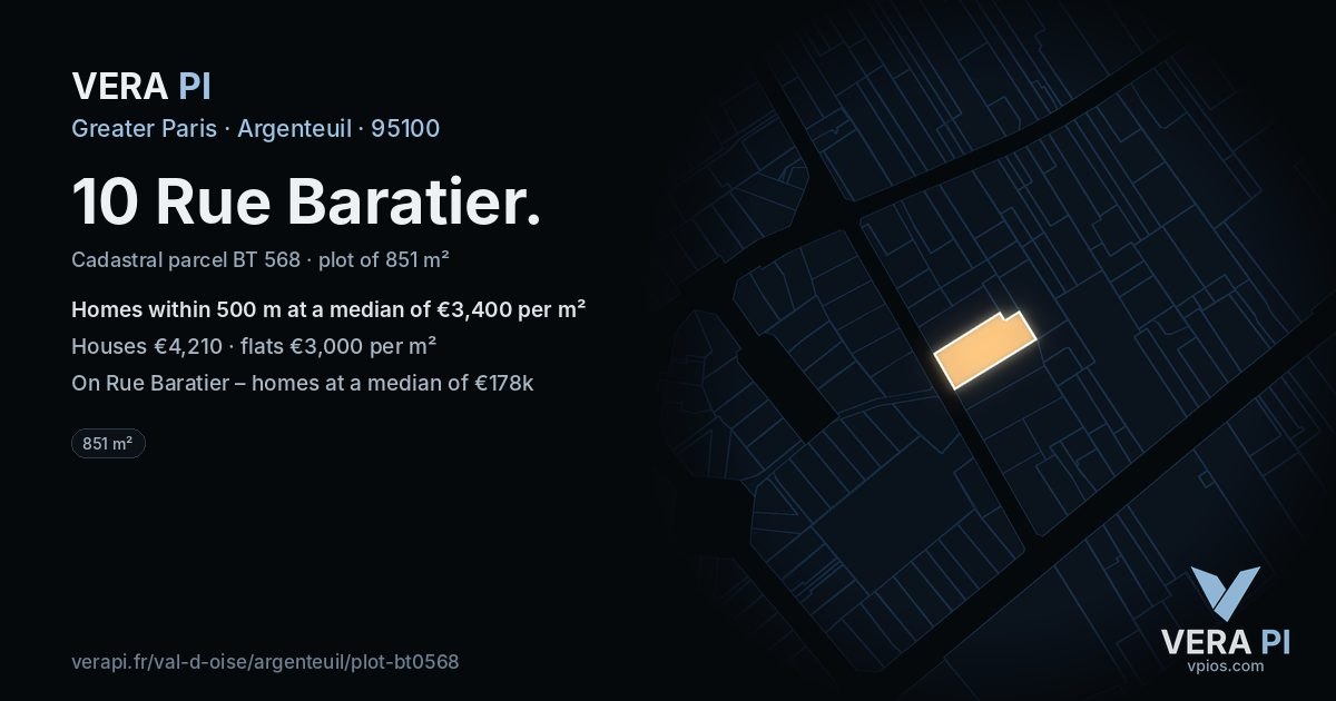 10 Rue Baratier, Argenteuil at night – the plot lit, the parcels around coloured by the prices near them