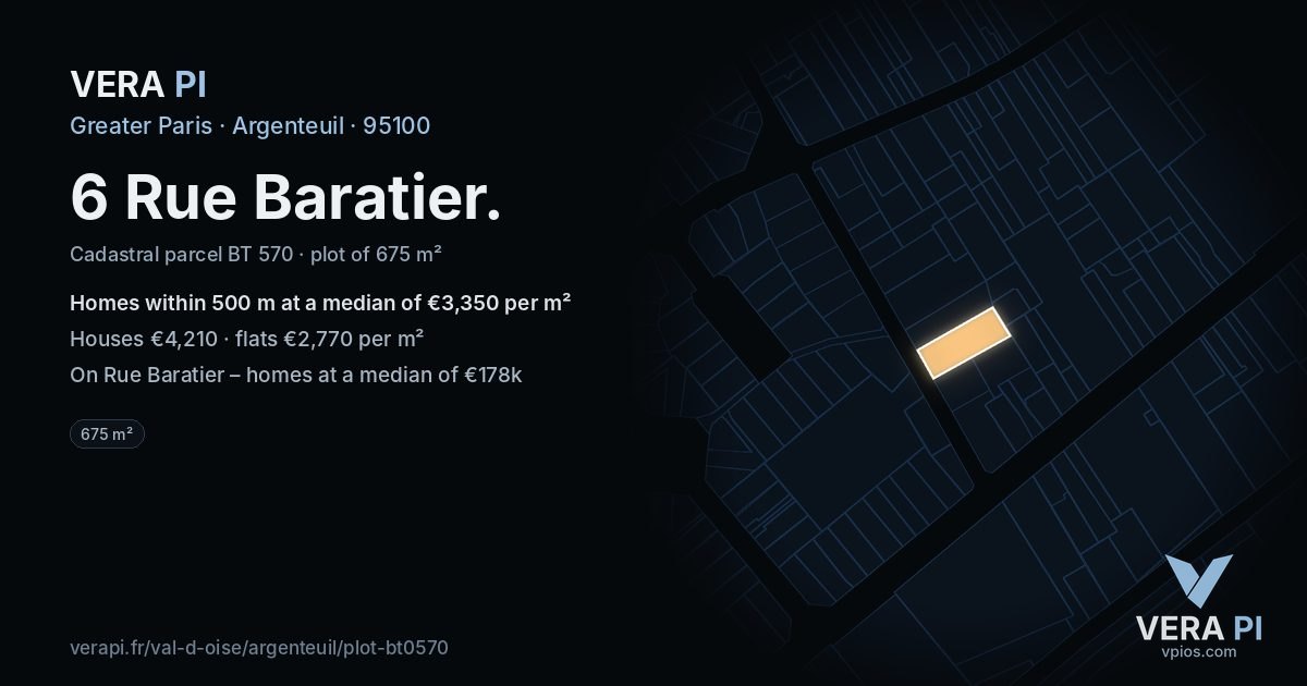 6 Rue Baratier, Argenteuil at night – the plot lit, the parcels around coloured by the prices near them