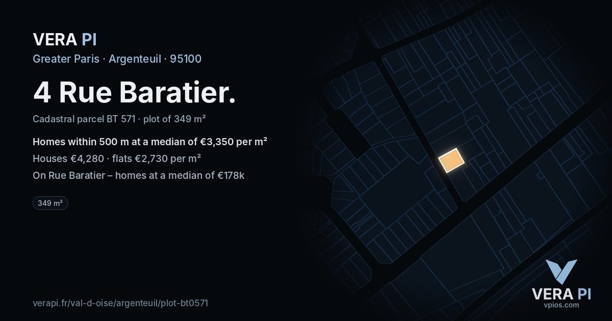 4 Rue Baratier, Argenteuil at night – the plot lit, the parcels around coloured by the prices near them