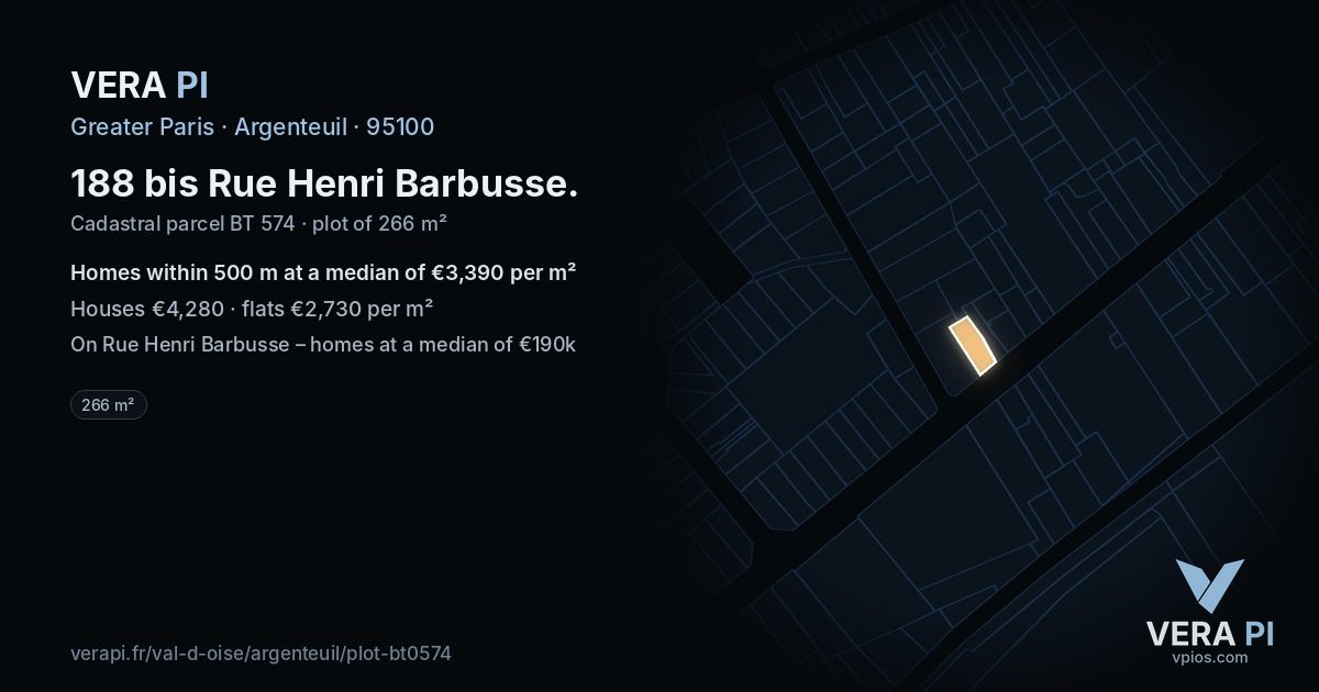 188 bis Rue Henri Barbusse, Argenteuil at night – the plot lit, the parcels around coloured by the prices near them