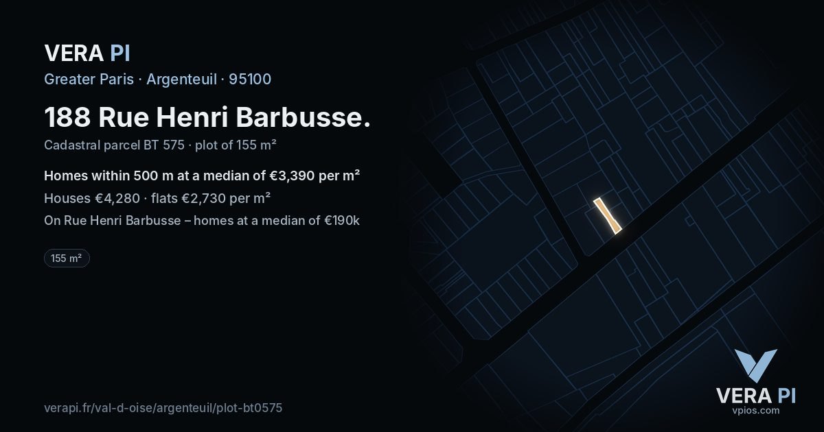 188 Rue Henri Barbusse, Argenteuil at night – the plot lit, the parcels around coloured by the prices near them