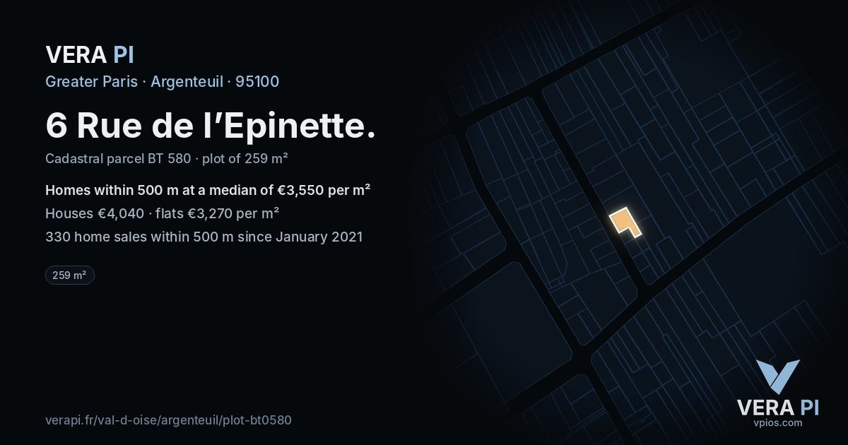 6 Rue de l’Epinette, Argenteuil at night – the plot lit, the parcels around coloured by the prices near them