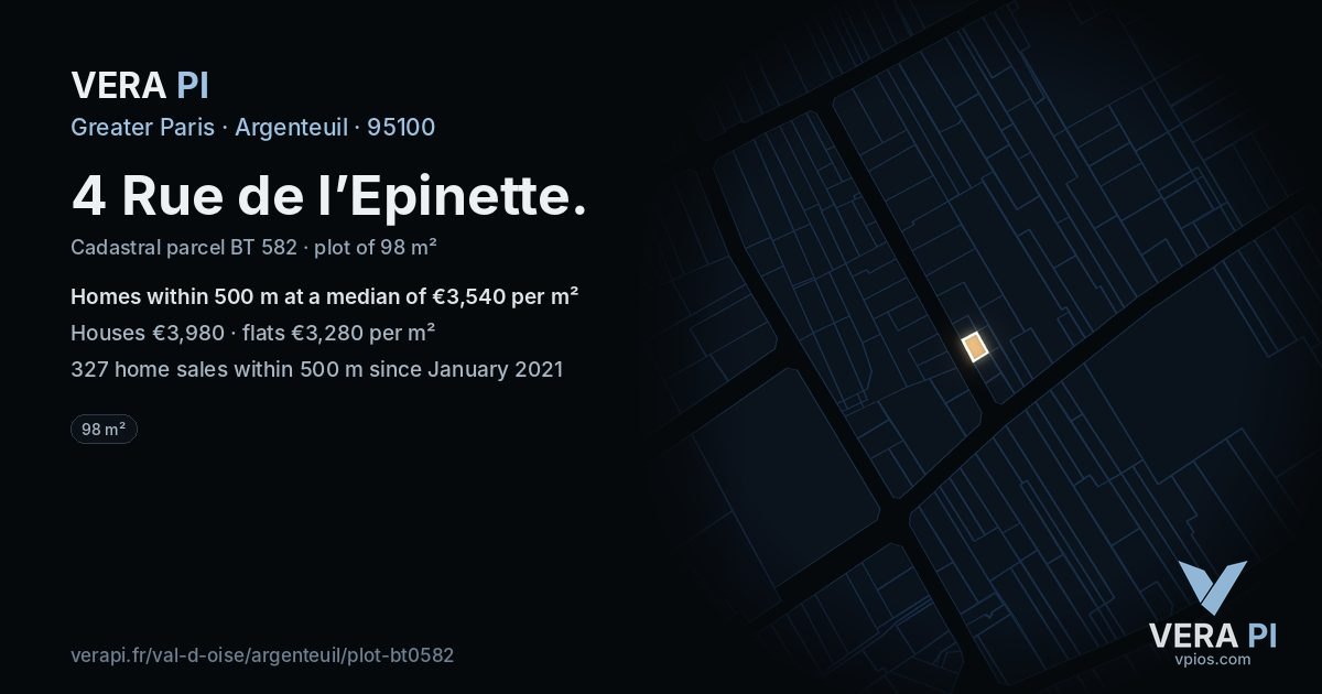 4 Rue de l’Epinette, Argenteuil at night – the plot lit, the parcels around coloured by the prices near them