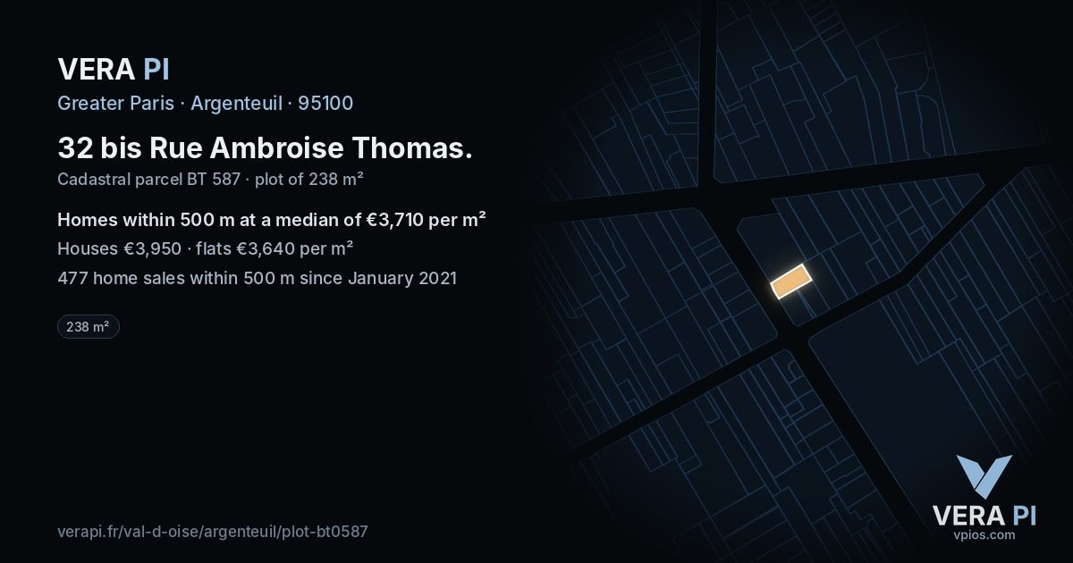 32 bis Rue Ambroise Thomas, Argenteuil at night – the plot lit, the parcels around coloured by the prices near them