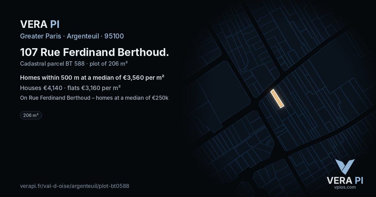 107 Rue Ferdinand Berthoud, Argenteuil at night – the plot lit, the parcels around coloured by the prices near them