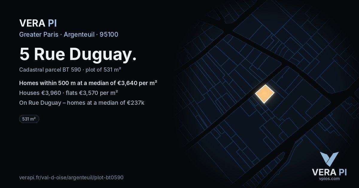 5 Rue Duguay, Argenteuil at night – the plot lit, the parcels around coloured by the prices near them