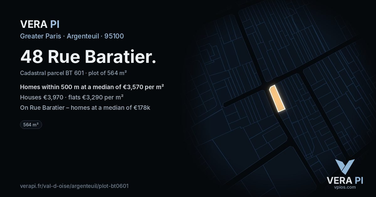 48 Rue Baratier, Argenteuil at night – the plot lit, the parcels around coloured by the prices near them