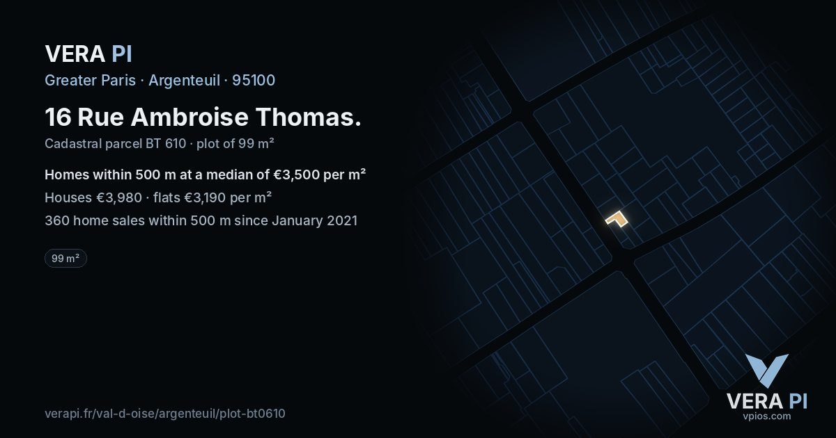 16 Rue Ambroise Thomas, Argenteuil at night – the plot lit, the parcels around coloured by the prices near them