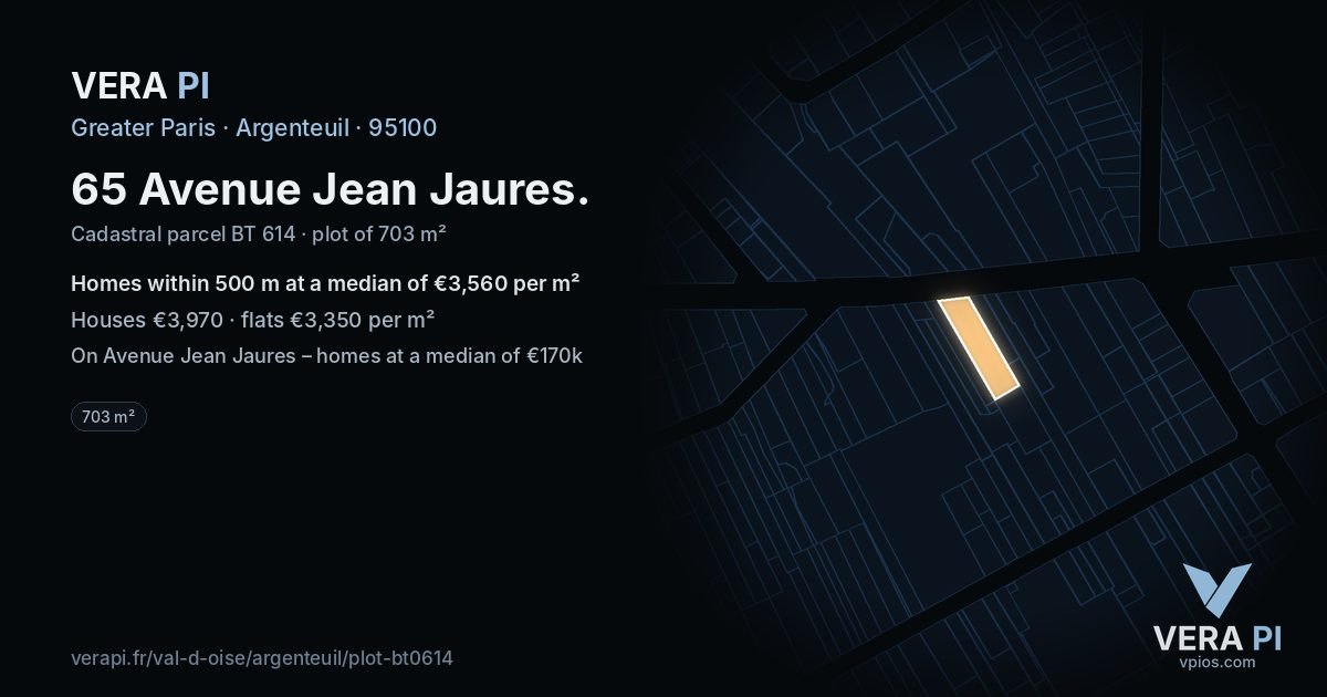 65 Avenue Jean Jaures, Argenteuil at night – the plot lit, the parcels around coloured by the prices near them