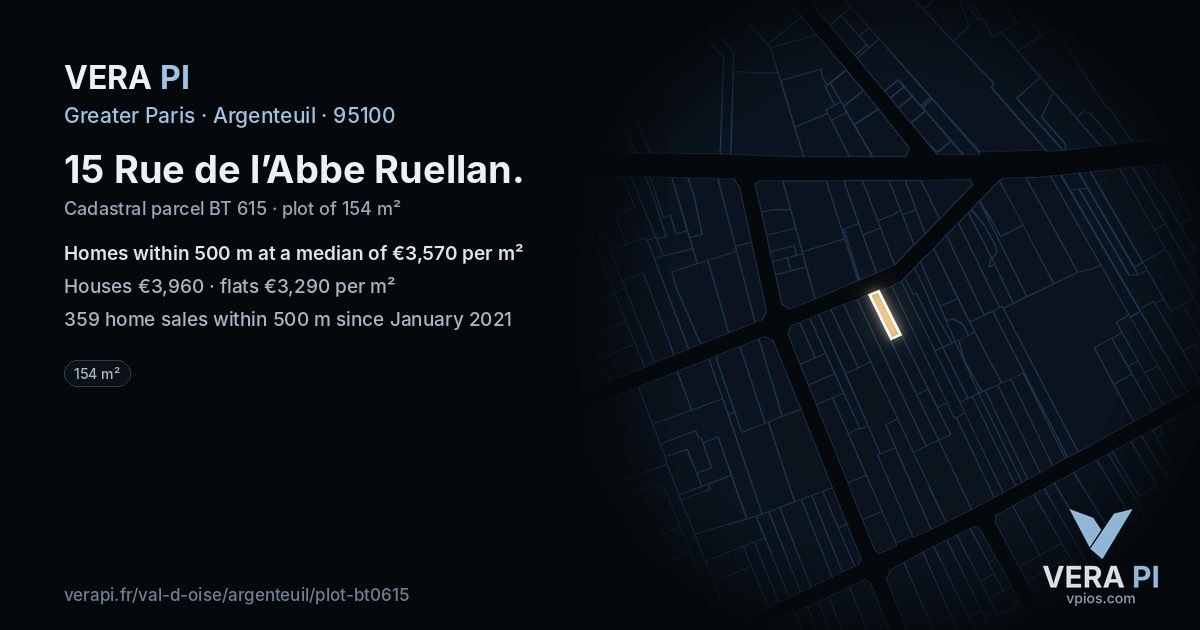 15 Rue de l’Abbe Ruellan, Argenteuil at night – the plot lit, the parcels around coloured by the prices near them