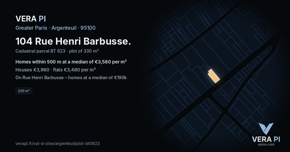 104 Rue Henri Barbusse, Argenteuil at night – the plot lit, the parcels around coloured by the prices near them