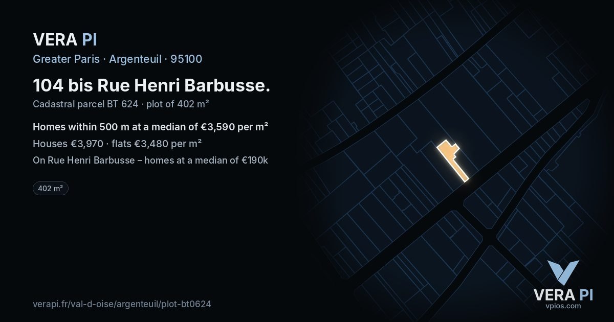 104 bis Rue Henri Barbusse, Argenteuil at night – the plot lit, the parcels around coloured by the prices near them