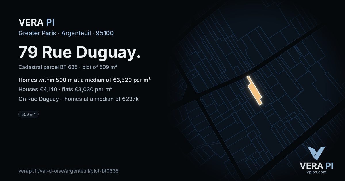 79 Rue Duguay, Argenteuil at night – the plot lit, the parcels around coloured by the prices near them