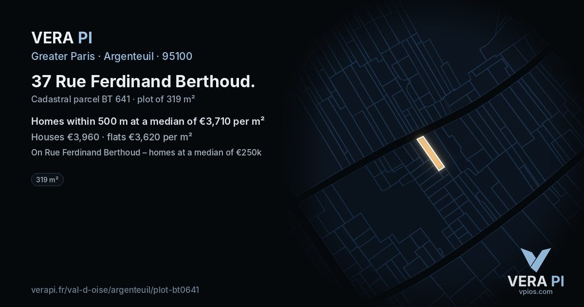 37 Rue Ferdinand Berthoud, Argenteuil at night – the plot lit, the parcels around coloured by the prices near them