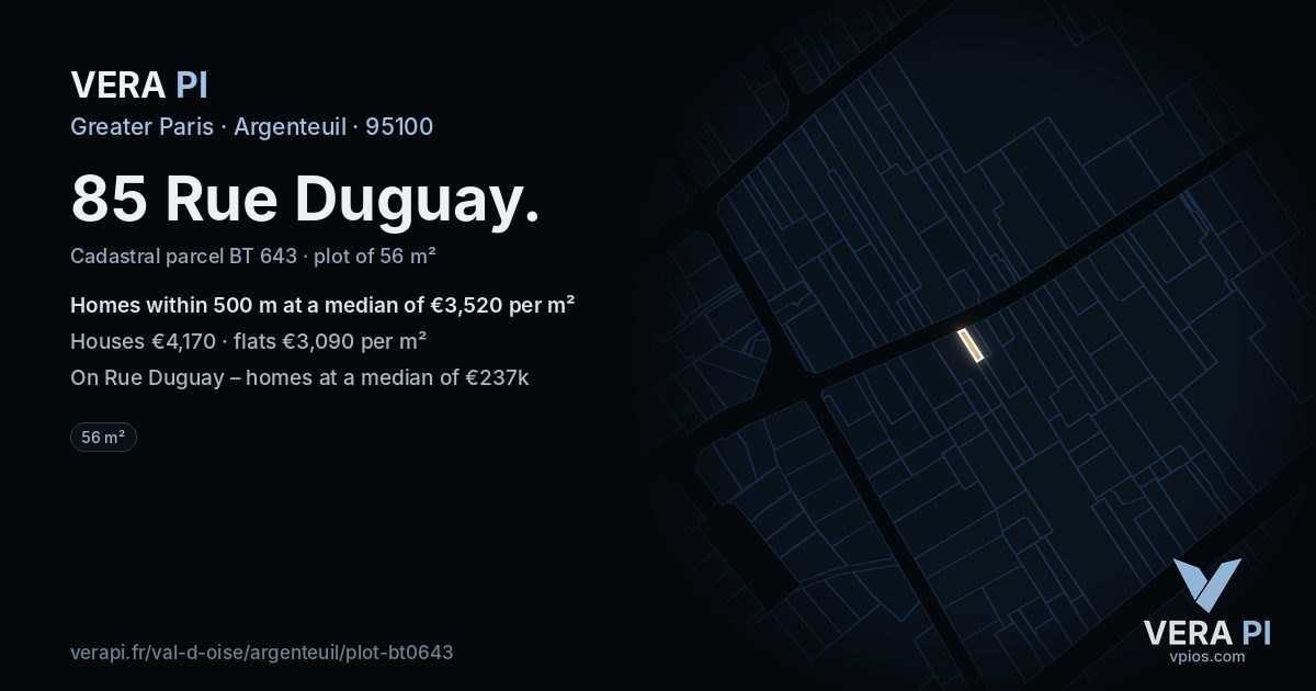 85 Rue Duguay, Argenteuil at night – the plot lit, the parcels around coloured by the prices near them