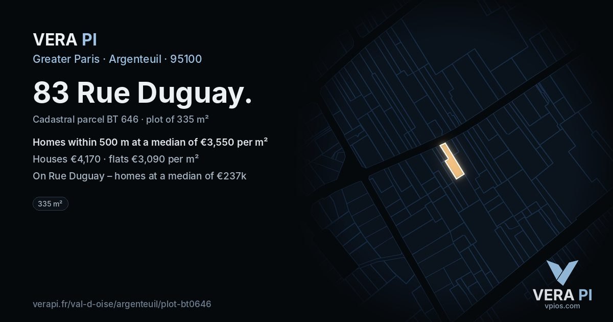 83 Rue Duguay, Argenteuil at night – the plot lit, the parcels around coloured by the prices near them
