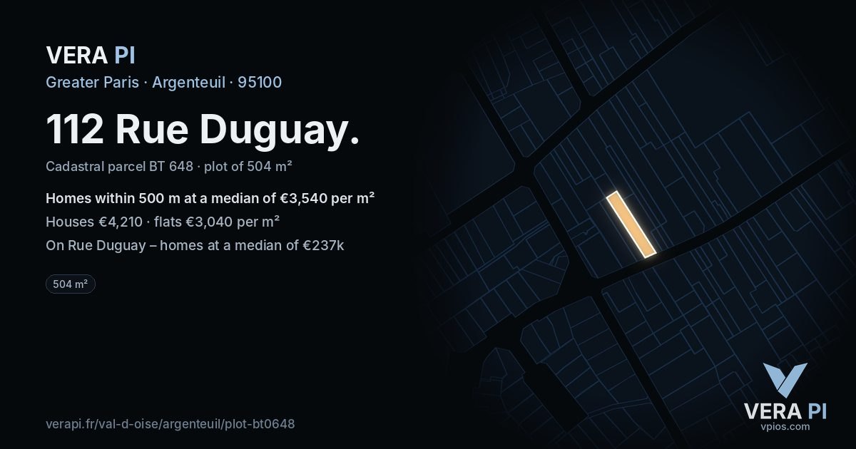 112 Rue Duguay, Argenteuil at night – the plot lit, the parcels around coloured by the prices near them