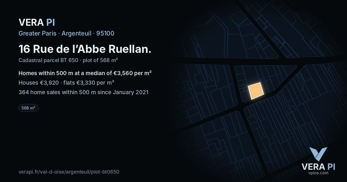 16 Rue de l’Abbe Ruellan, Argenteuil at night – the plot lit, the parcels around coloured by the prices near them