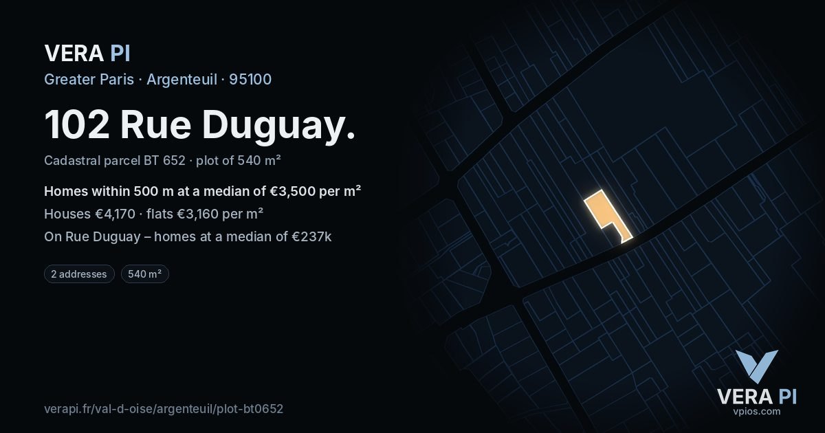 102 Rue Duguay, Argenteuil at night – the plot lit, the parcels around coloured by the prices near them