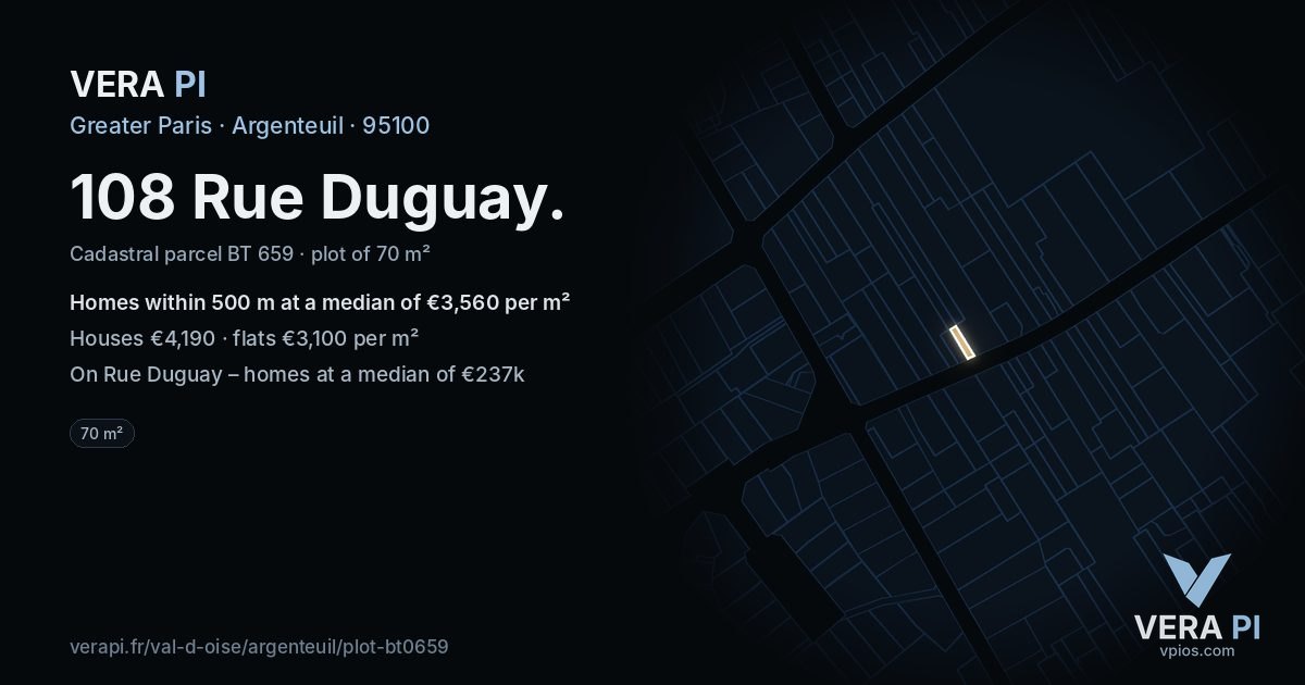 108 Rue Duguay, Argenteuil at night – the plot lit, the parcels around coloured by the prices near them