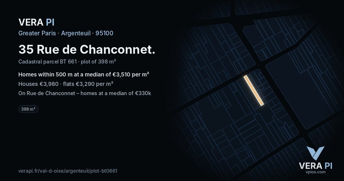 35 Rue de Chanconnet, Argenteuil at night – the plot lit, the parcels around coloured by the prices near them