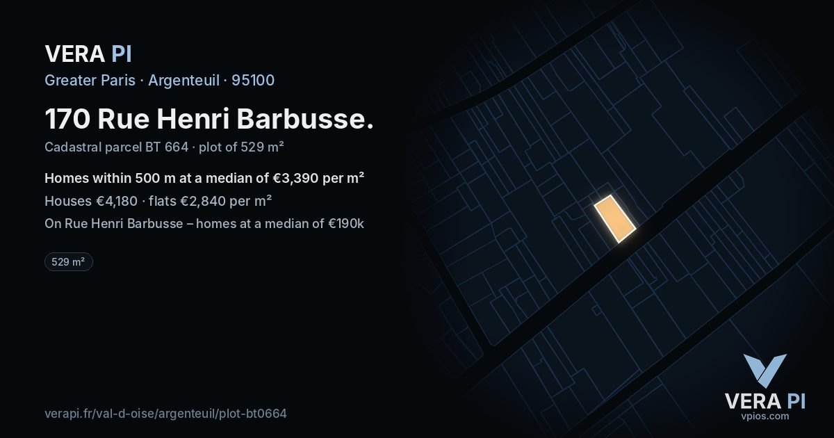 170 Rue Henri Barbusse, Argenteuil at night – the plot lit, the parcels around coloured by the prices near them