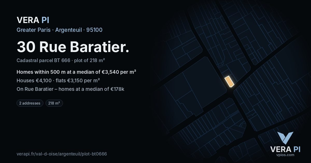 30 Rue Baratier, Argenteuil at night – the plot lit, the parcels around coloured by the prices near them