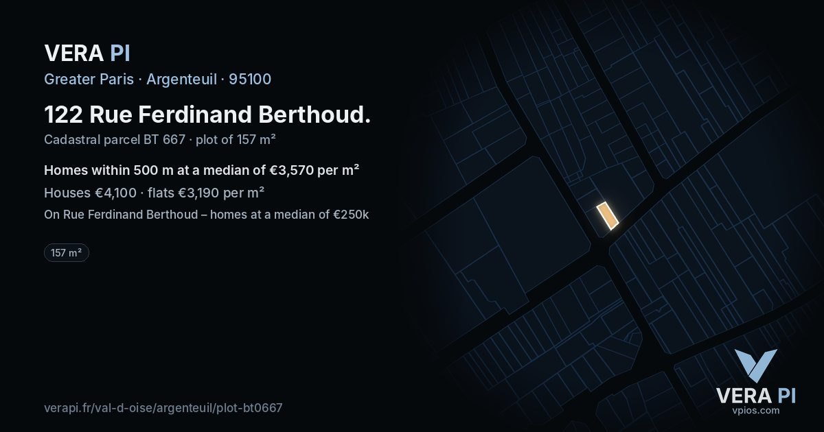 122 Rue Ferdinand Berthoud, Argenteuil at night – the plot lit, the parcels around coloured by the prices near them