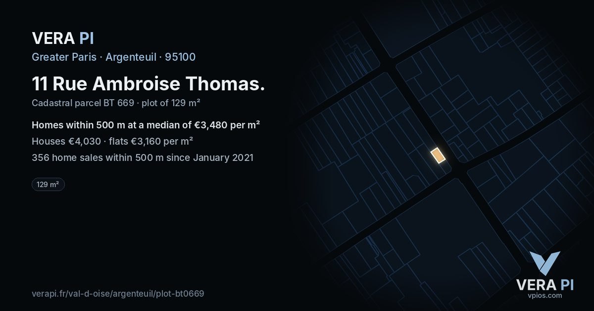 11 Rue Ambroise Thomas, Argenteuil at night – the plot lit, the parcels around coloured by the prices near them