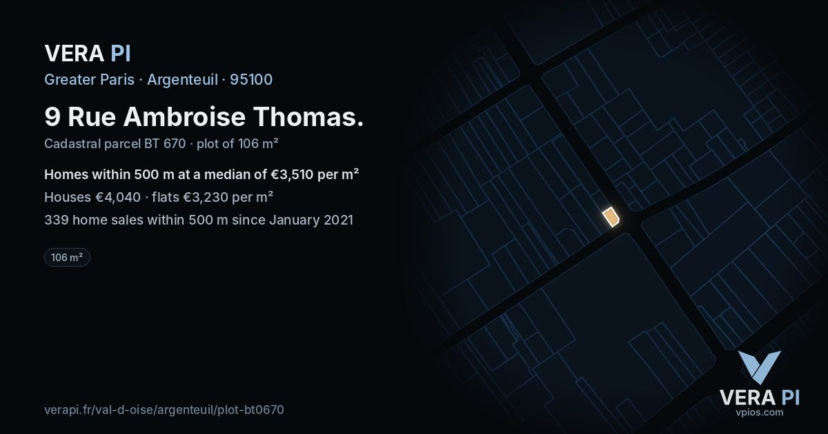 9 Rue Ambroise Thomas, Argenteuil at night – the plot lit, the parcels around coloured by the prices near them
