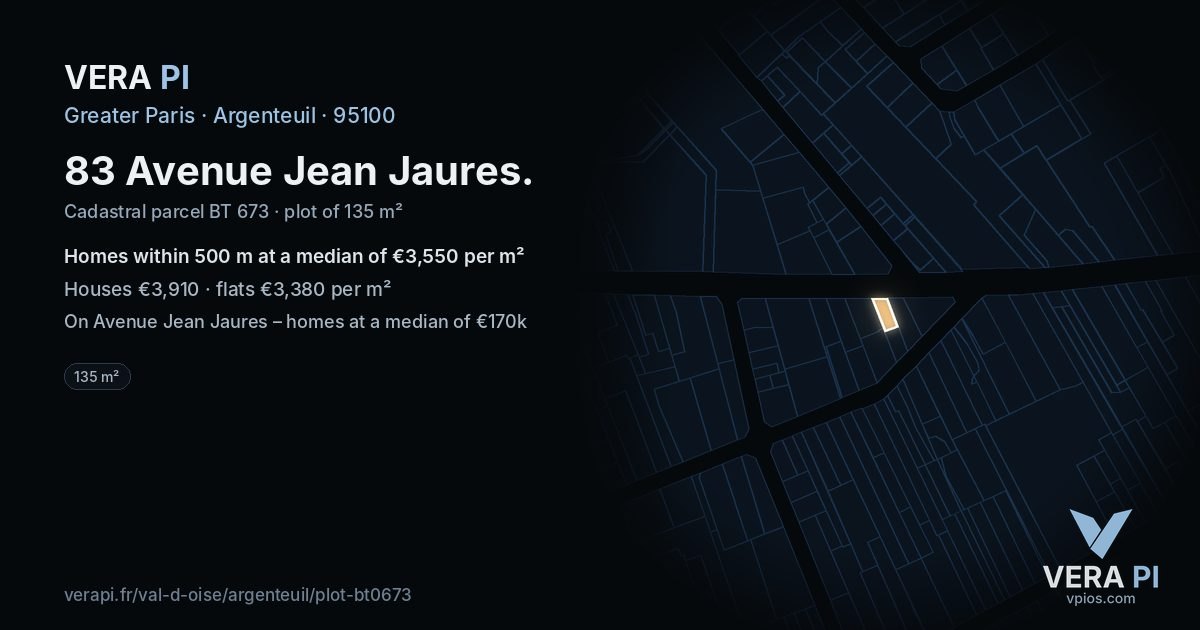 83 Avenue Jean Jaures, Argenteuil at night – the plot lit, the parcels around coloured by the prices near them