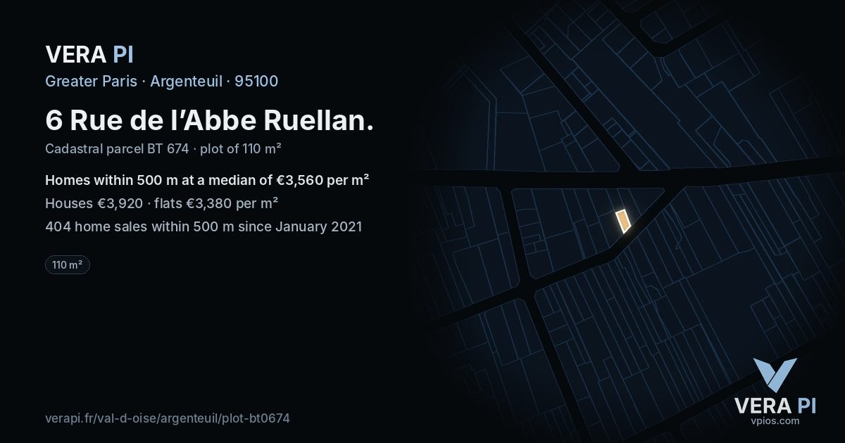 6 Rue de l’Abbe Ruellan, Argenteuil at night – the plot lit, the parcels around coloured by the prices near them