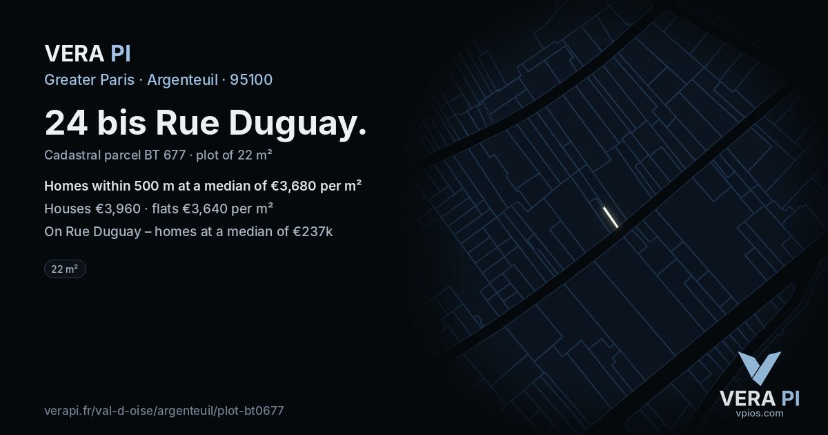 24 bis Rue Duguay, Argenteuil at night – the plot lit, the parcels around coloured by the prices near them