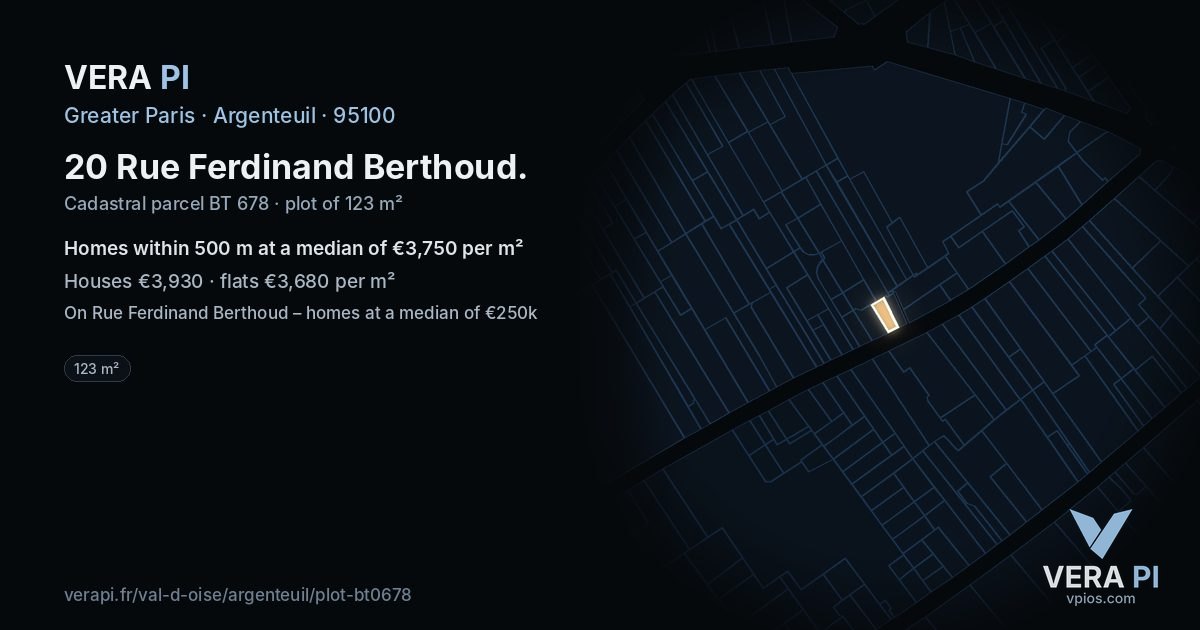 20 Rue Ferdinand Berthoud, Argenteuil at night – the plot lit, the parcels around coloured by the prices near them