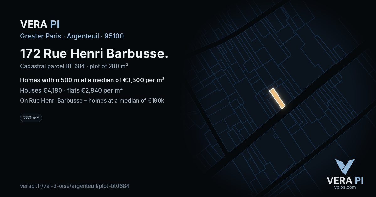172 Rue Henri Barbusse, Argenteuil at night – the plot lit, the parcels around coloured by the prices near them