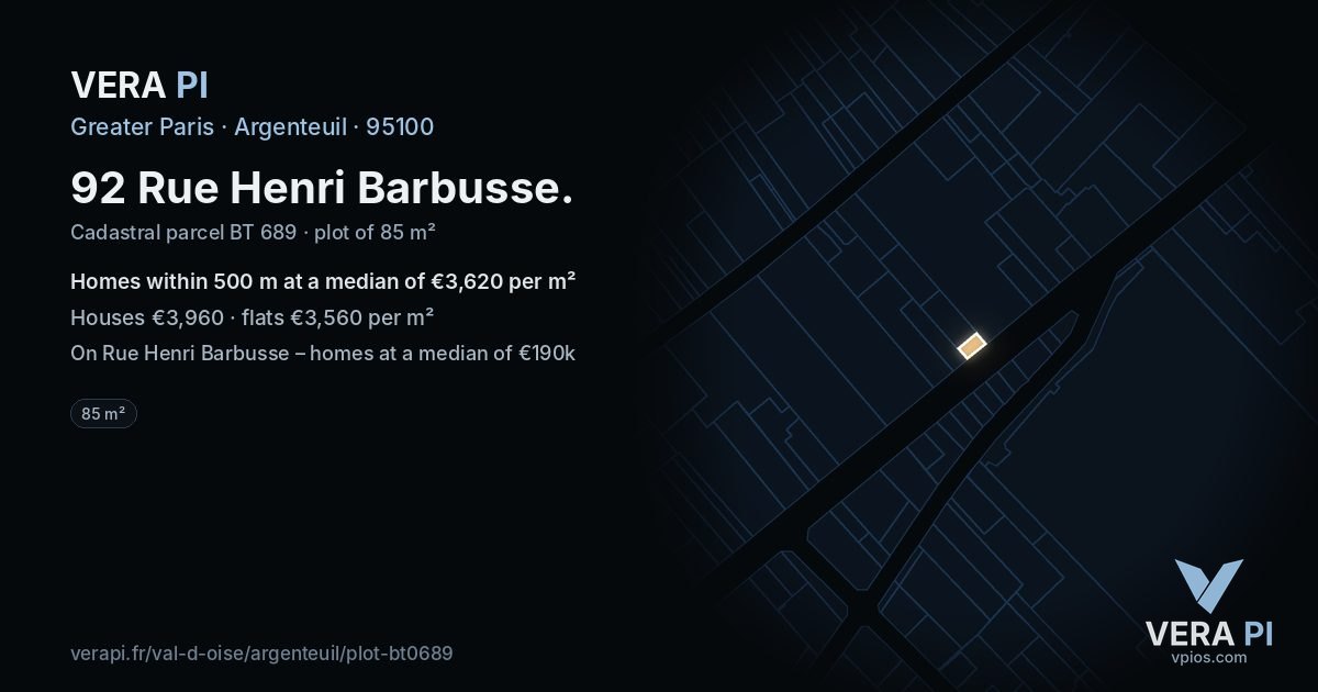 92 Rue Henri Barbusse, Argenteuil at night – the plot lit, the parcels around coloured by the prices near them