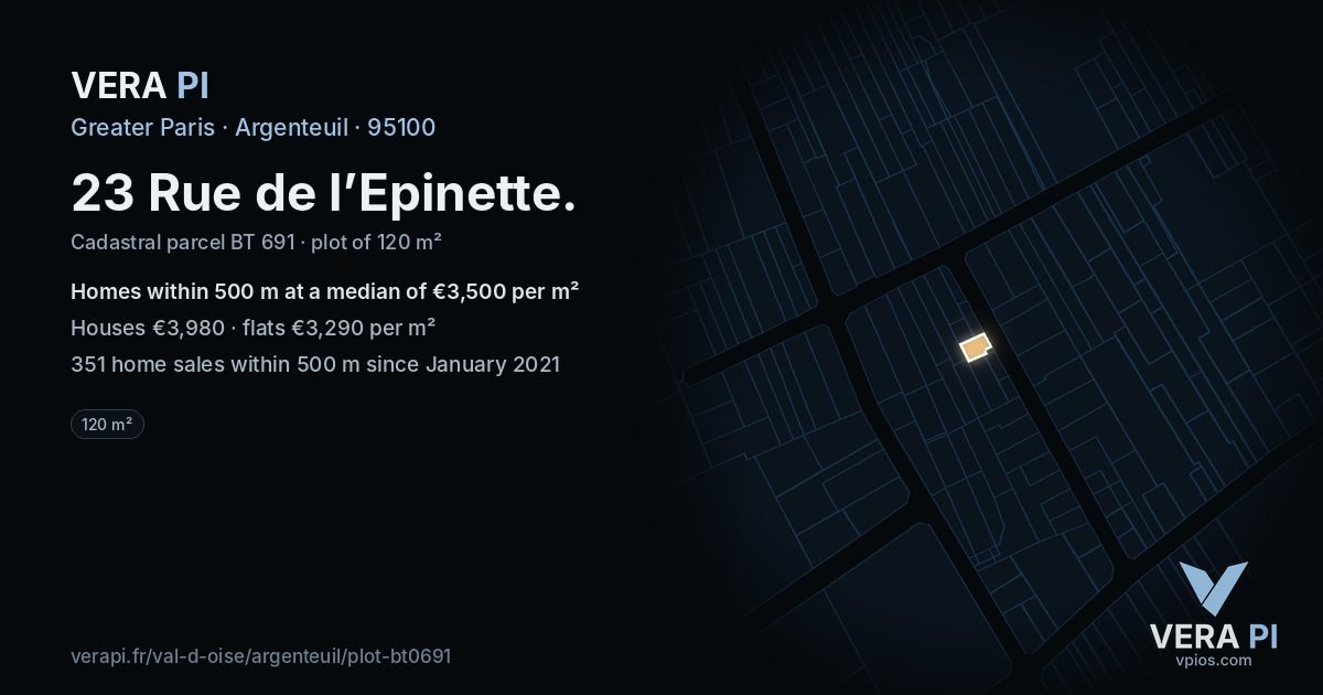 23 Rue de l’Epinette, Argenteuil at night – the plot lit, the parcels around coloured by the prices near them