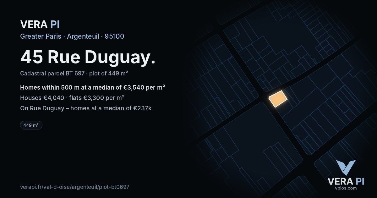 45 Rue Duguay, Argenteuil at night – the plot lit, the parcels around coloured by the prices near them
