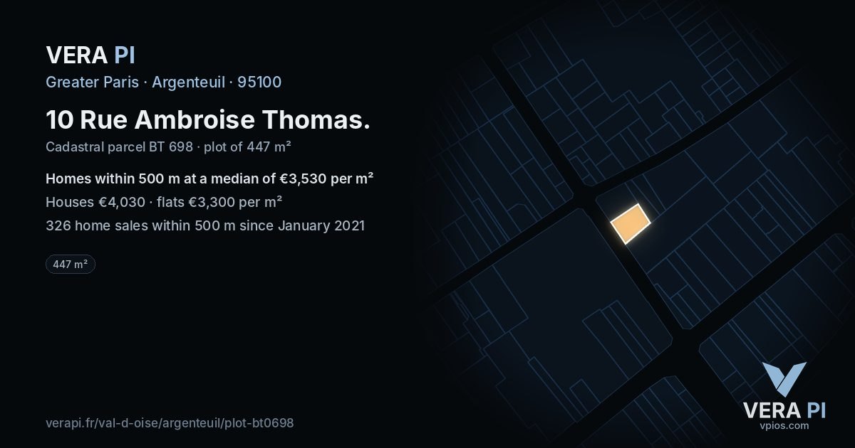 10 Rue Ambroise Thomas, Argenteuil at night – the plot lit, the parcels around coloured by the prices near them
