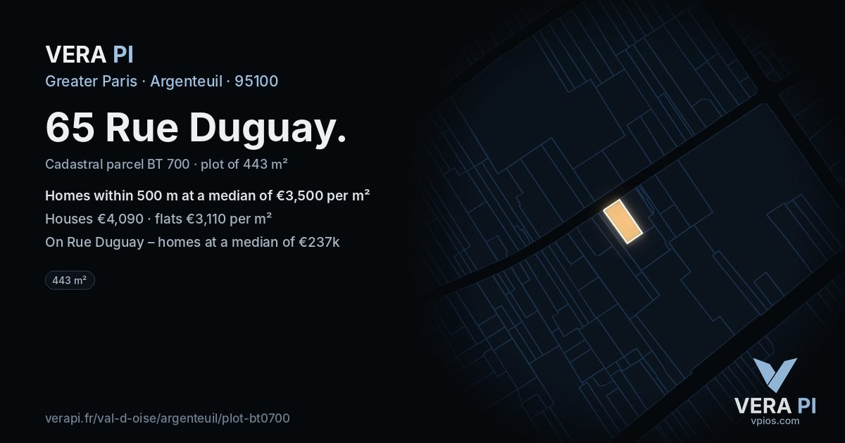 65 Rue Duguay, Argenteuil at night – the plot lit, the parcels around coloured by the prices near them