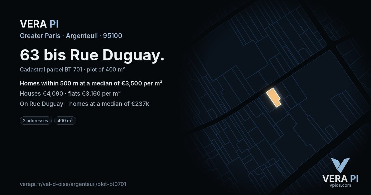 63 bis Rue Duguay, Argenteuil at night – the plot lit, the parcels around coloured by the prices near them