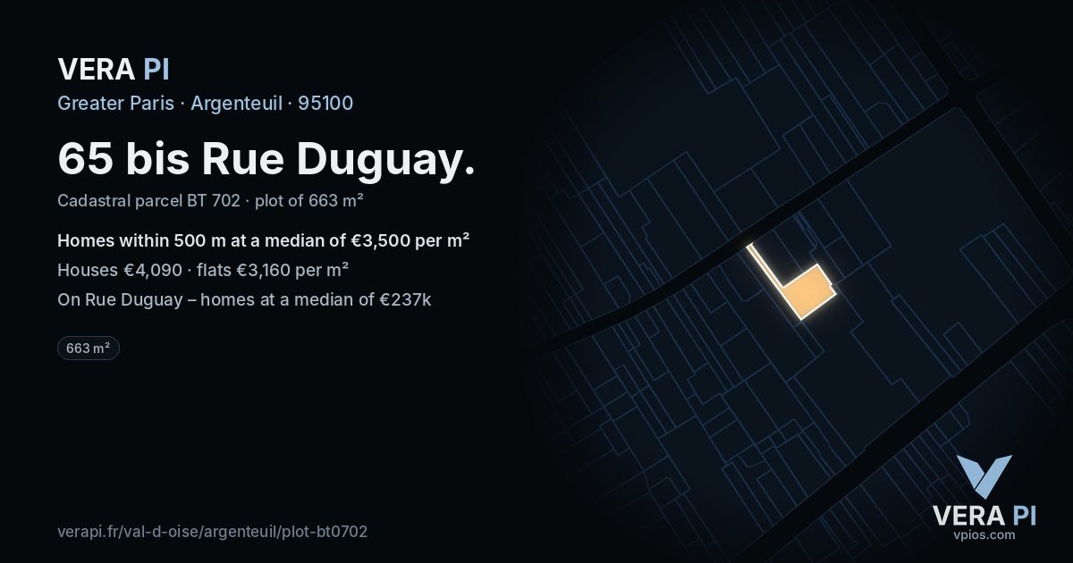 65 bis Rue Duguay, Argenteuil at night – the plot lit, the parcels around coloured by the prices near them