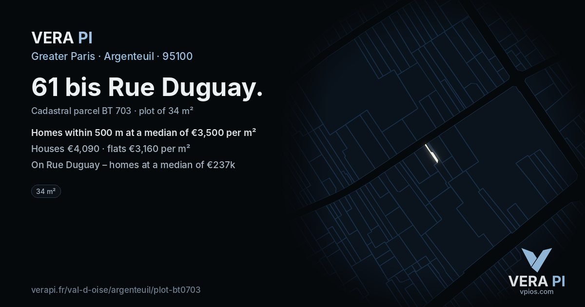 61 bis Rue Duguay, Argenteuil at night – the plot lit, the parcels around coloured by the prices near them