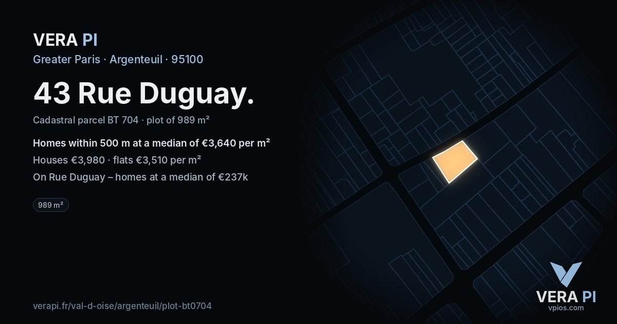 43 Rue Duguay, Argenteuil at night – the plot lit, the parcels around coloured by the prices near them