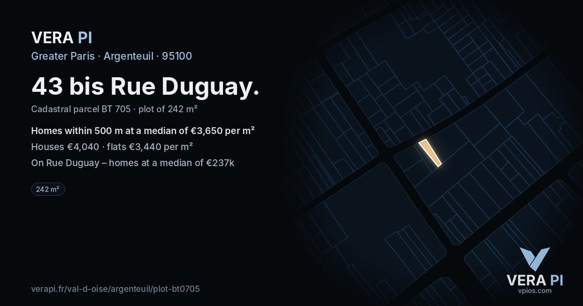 43 bis Rue Duguay, Argenteuil at night – the plot lit, the parcels around coloured by the prices near them