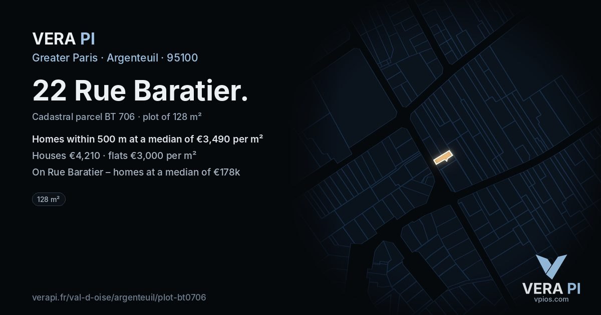22 Rue Baratier, Argenteuil at night – the plot lit, the parcels around coloured by the prices near them