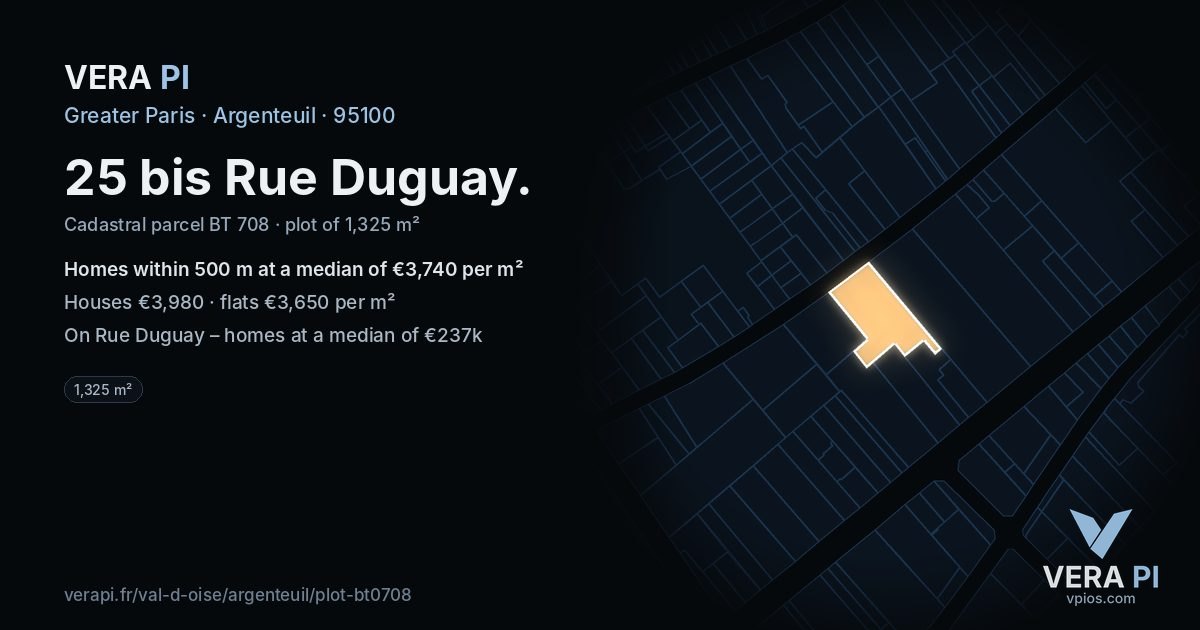 25 bis Rue Duguay, Argenteuil at night – the plot lit, the parcels around coloured by the prices near them